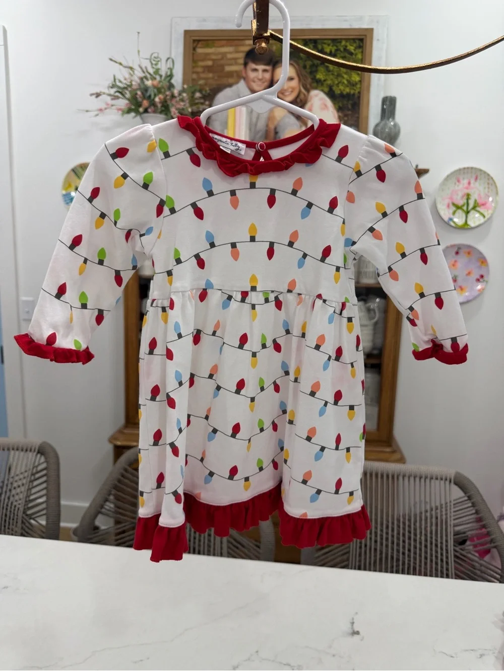 Magnolia Baby White Holiday Light Dress with Red Trim